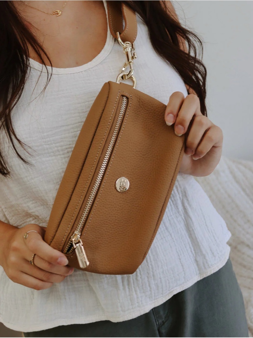 Everyday Pebbled Crossbody Bag in Tan with Gold Hardware